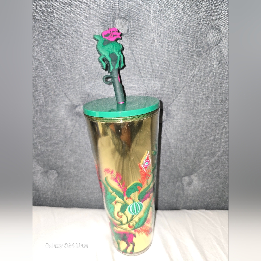 Starbucks *Gold Christmas Tumbler* Holiday 2024* w/Reindeer Straw Topper *24 Oz
